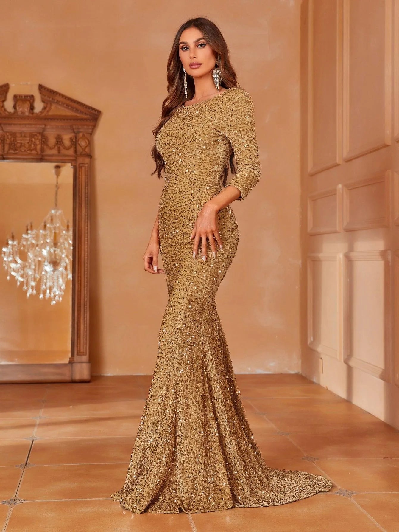 Backless 3/4 Sleeve Sequin Mermaid Dresses - Elonnashop