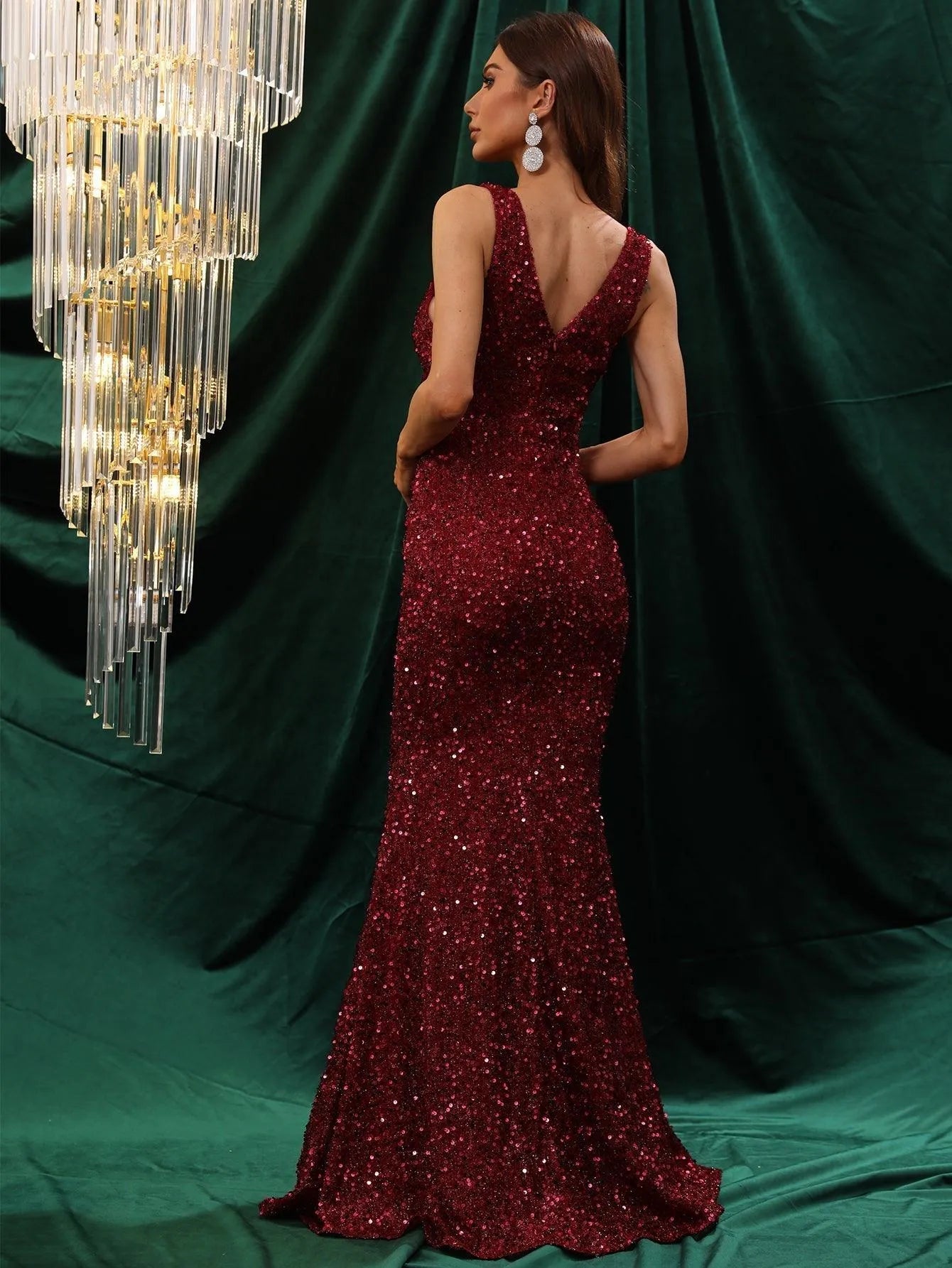 Plunging Neck Mermaid Hem Sequin Formal Dress - Elonnashop