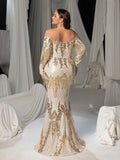 Plus Gorgeous Fringed Trim Off Shoulder Mermaid Hem Sequin Formal Dress Evening Gown