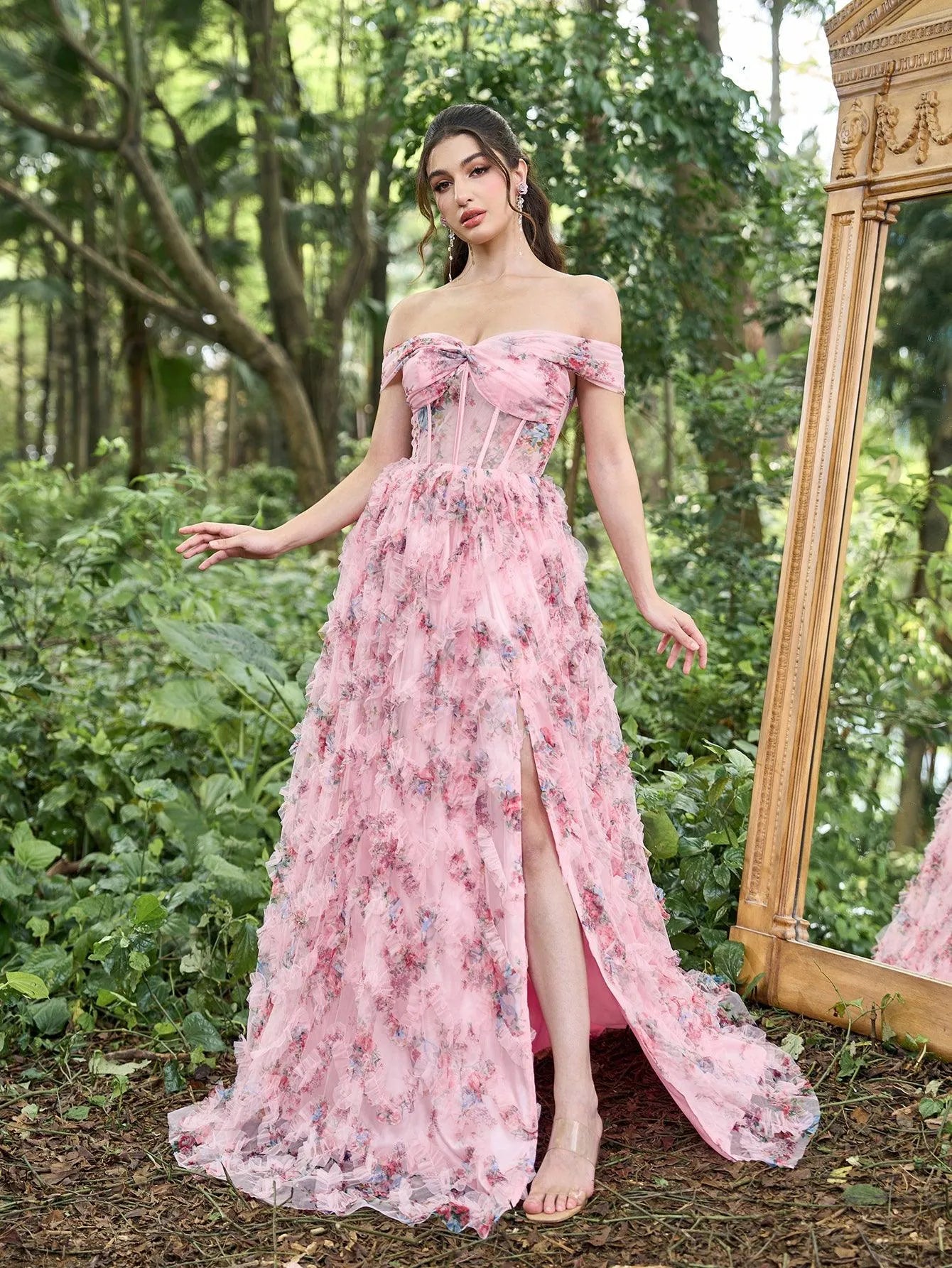 Elegant Off Shoulder Cascading Ruffle Floral Tulle Split Prom Dress - Elonnashop