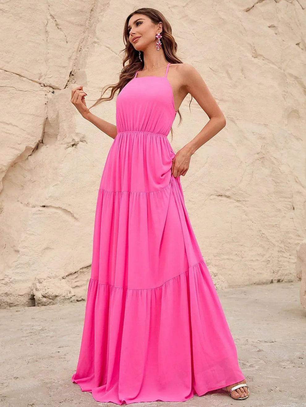 Back Lace Up Chiffon Tiered Maxi Dress - Elonnashop