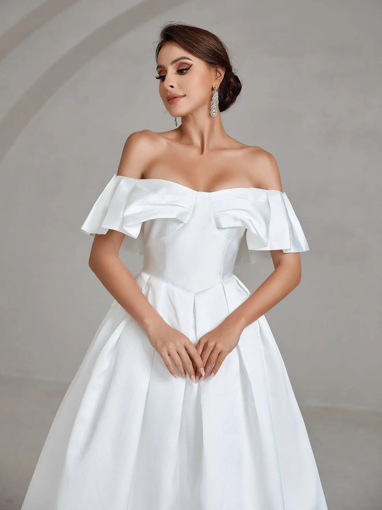 Ruffle Off Shoulder Pleated Hem Satin A Line Wedding Dress - Elonnashop