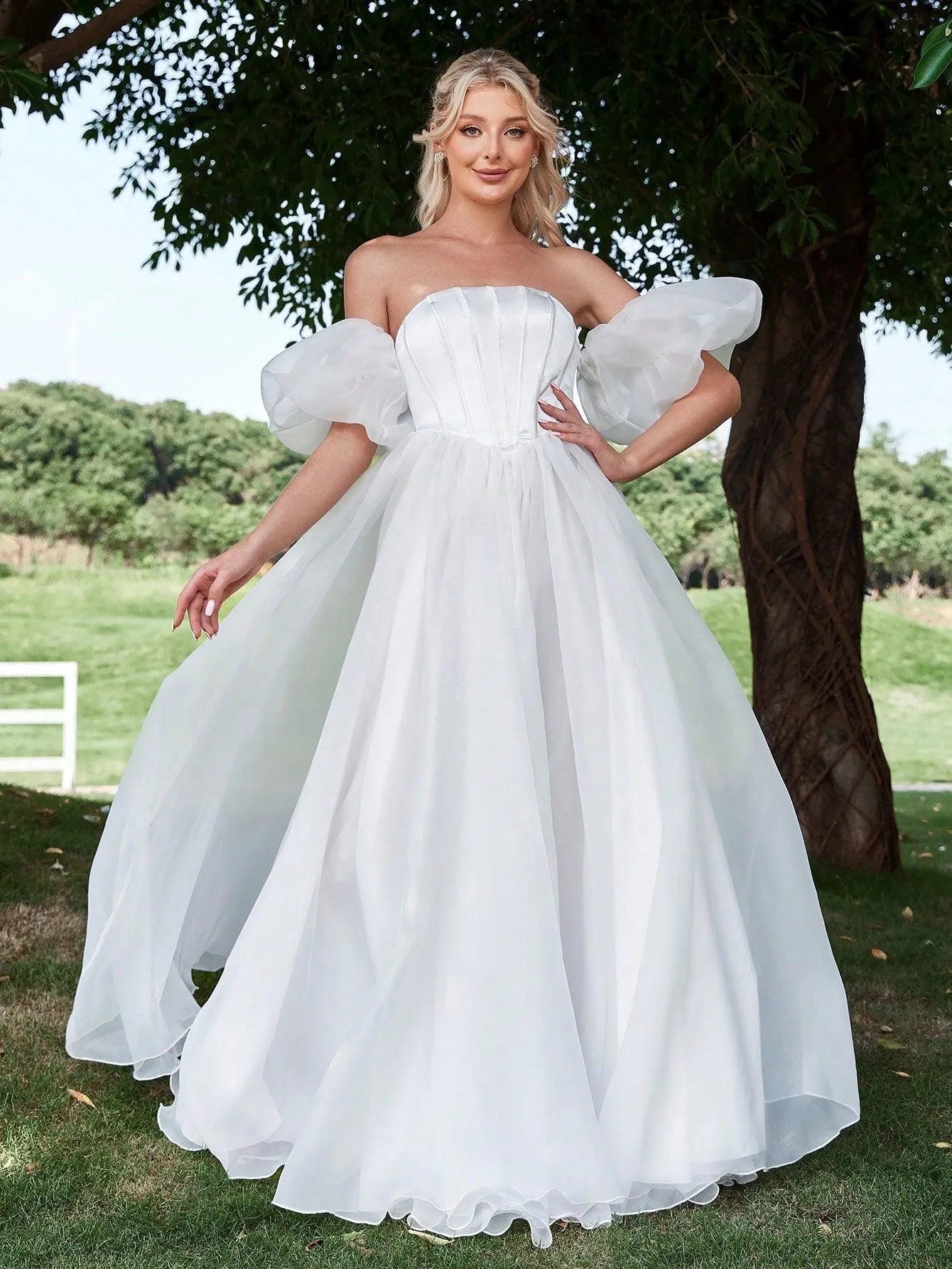 Satin Bodice Contrast Organza Tube Wedding Dress - Elonnashop