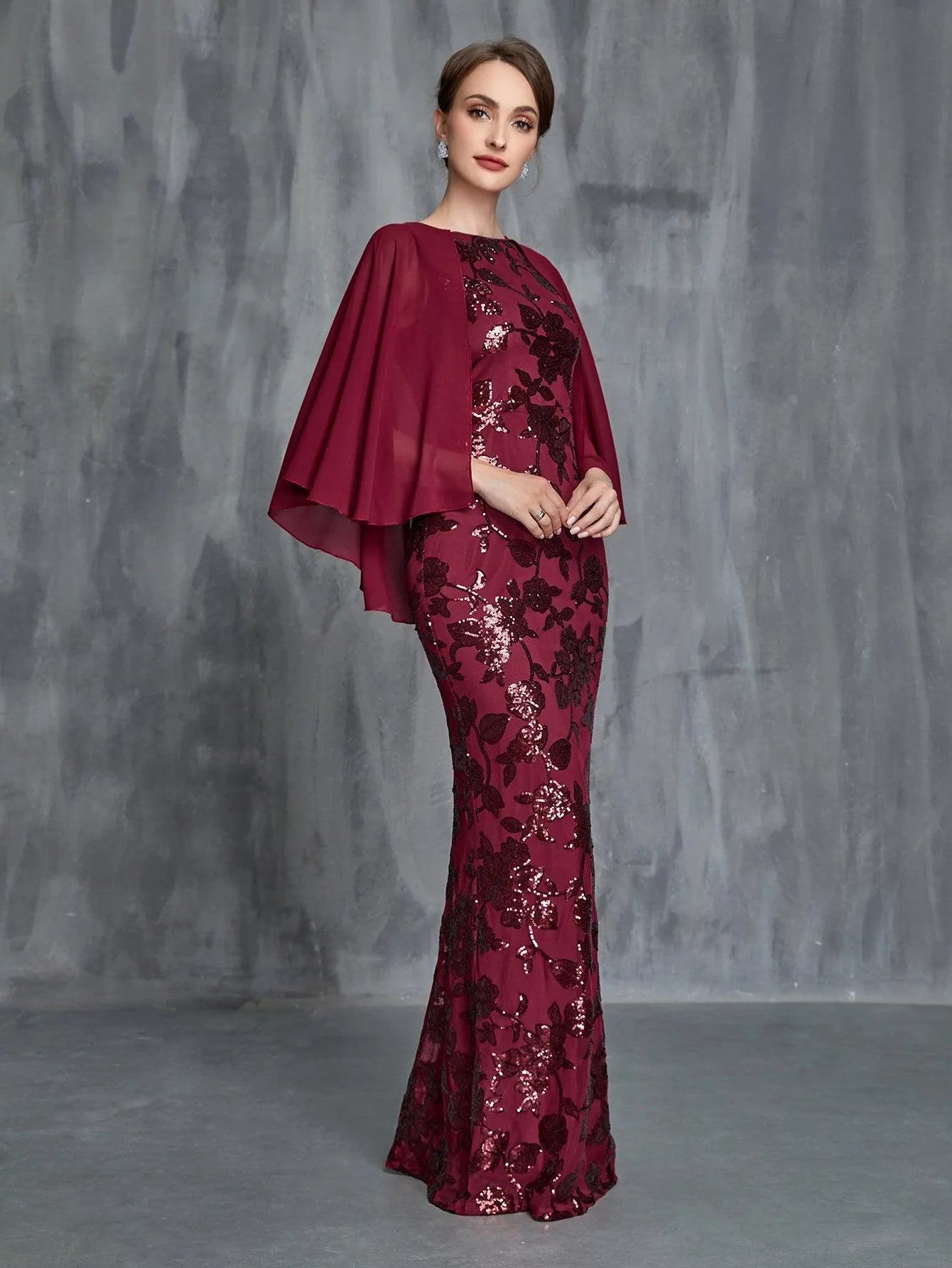 Womens' Mermaid Hem Sequin Formal Cape Dress - Elonnashop