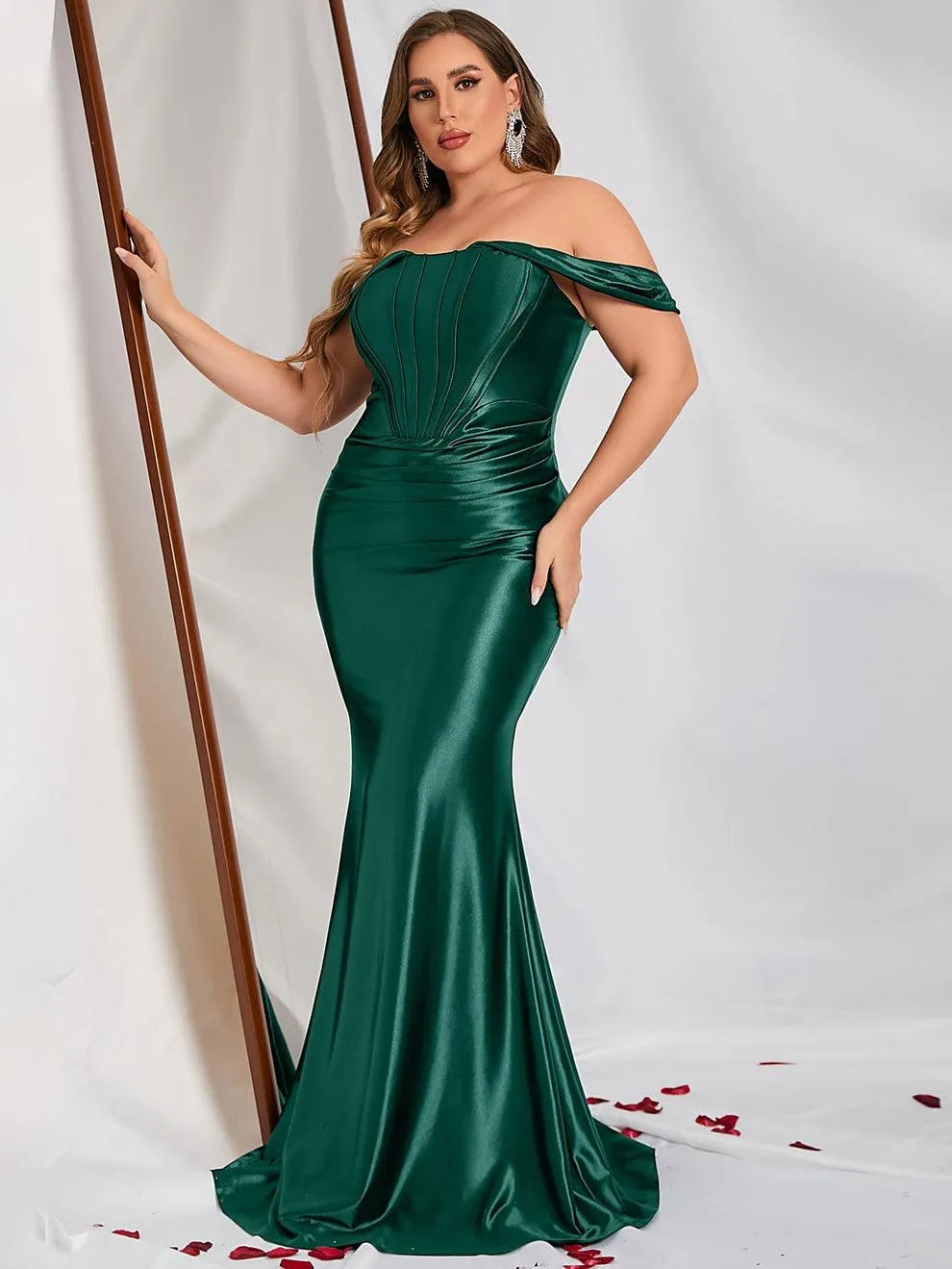 Plus Off Shoulder Satin Mermaid Dresses - Elonnashop