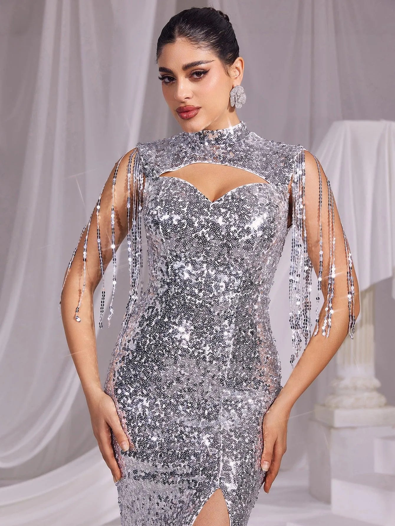 Sequin Mock Neck Mermaid Hem Evening Dress - Elonnashop