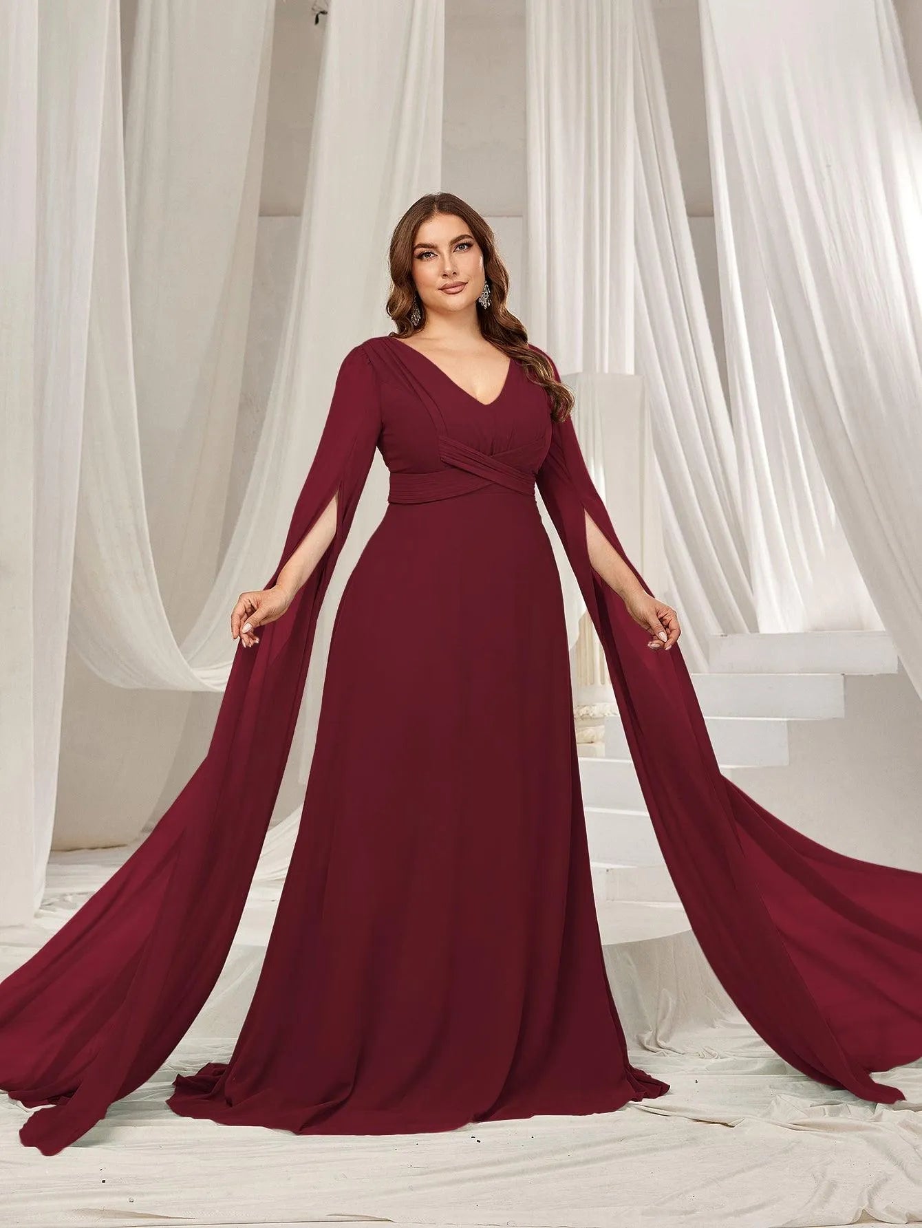 Plus Solid Ruched Front Extra-Long Sleeves Chiffon Prom Dress - Elonnashop