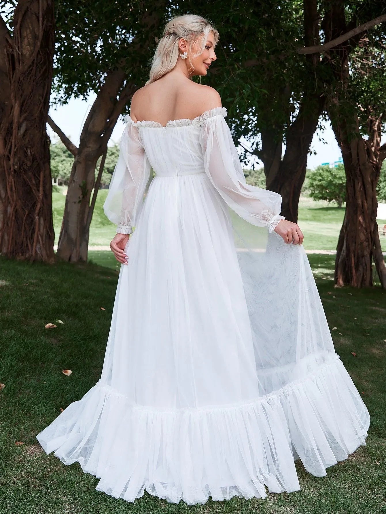 Off Shoulder Lantern Sleeve Mesh Wedding Dress - Elonnashop