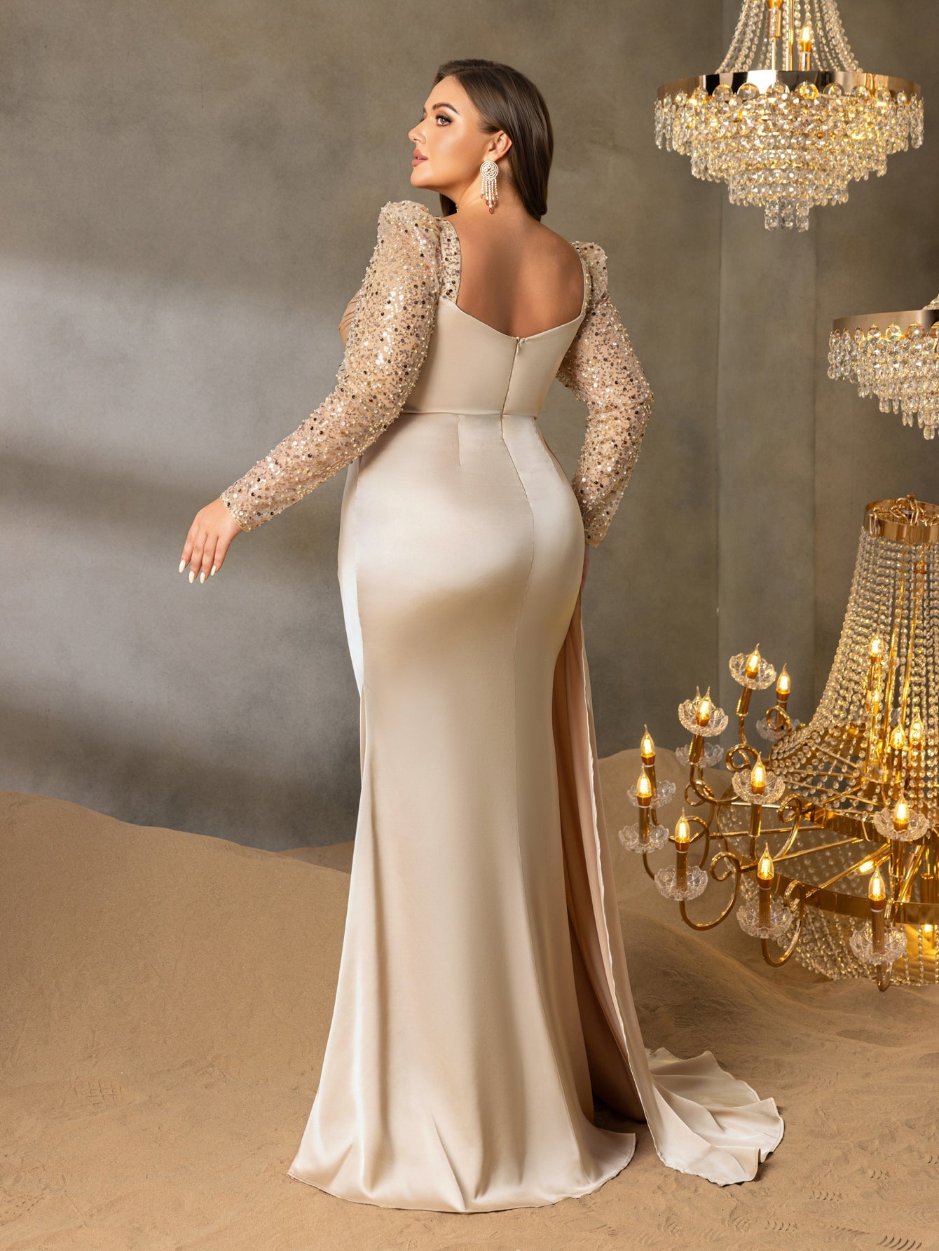 Plus Elegant Satin Sweetheart Neck Evening Gown with Sequined Long Sleeves and High Slit