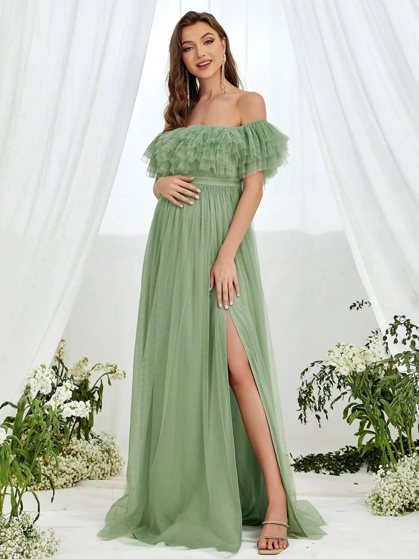 Maternity Off Shoulder Ruffle Trim Mesh Slit Dress - Elonnashop