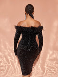 Chic Feather Decor Off Shoulder Sequin Cocktail Dress - Elonnashop