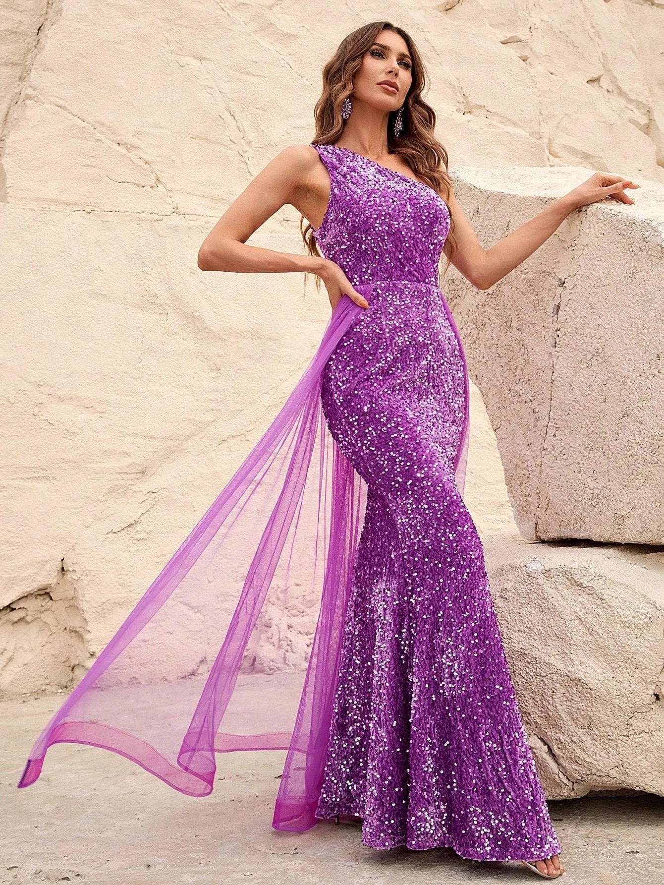 Elegant One Shoulder Sequin Mermaid Dresses - Elonnashop