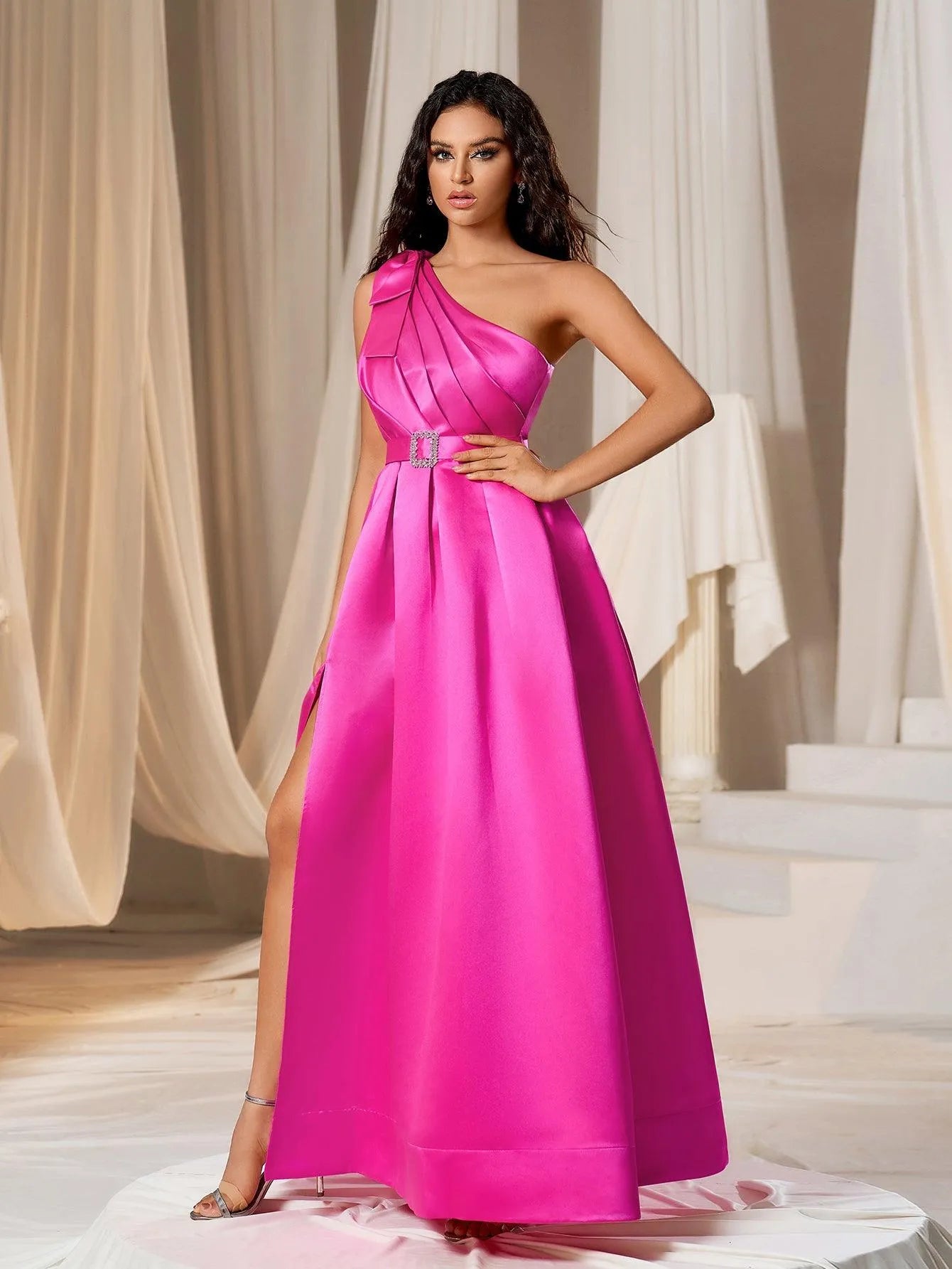 Elegant One Shoulder Sleeveless Satin A line Dresses - Elonnashop