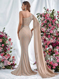 Rhinestone Detail One Shoulder Ruched Draped Side Mermaid Dress - Elonnashop