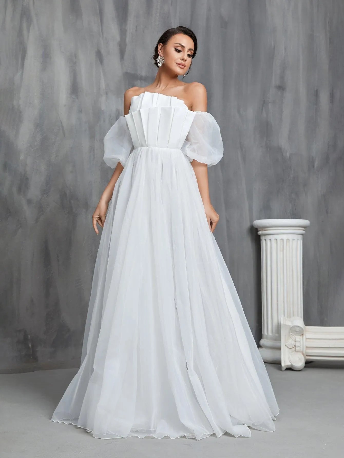 Off Shoulder Pleated Front Puff Sleeve Wedding Dresses - Elonnashop