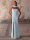 Elegant Strapless Maxi Dress | Ruched Tulle Gown with High Front Slit and Open Back Lace-Up Detail