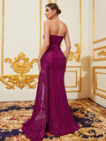 Elegant Strapless Draped Side Split Mermaid Hem Sequin Evening Dress