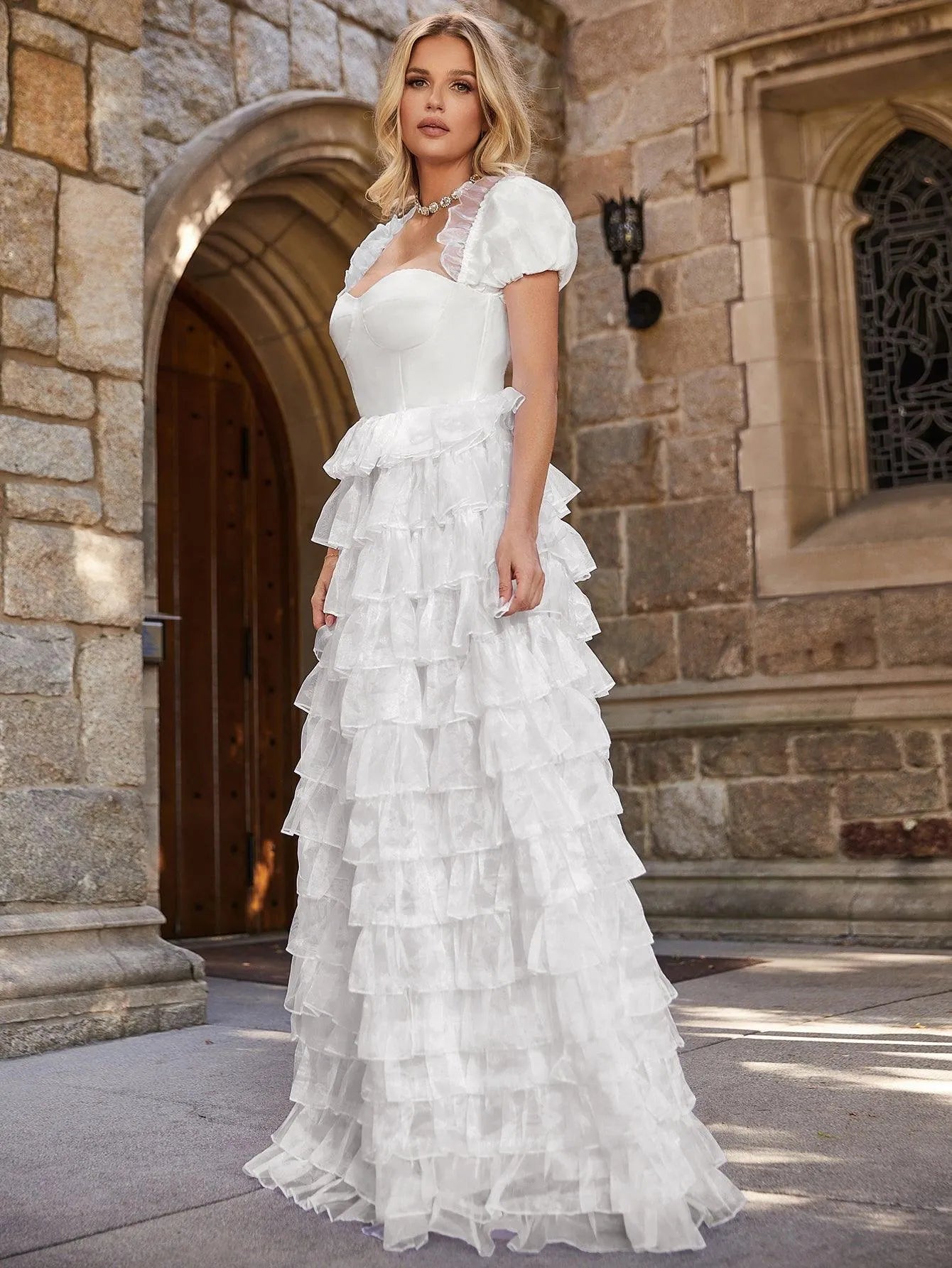 Elegant Puff Sleeve Layered Ruffle Hem Wedding Dress - Elonnashop