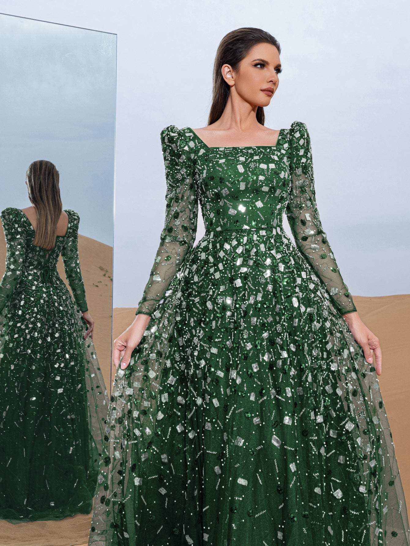 Luxury Gorgeous Square Collar Long Sleeves Beaded Sequin Formal Dress