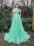 Elegant Feather Trim Off Shoulder Layered Tulle Prom Dress - Elonnashop