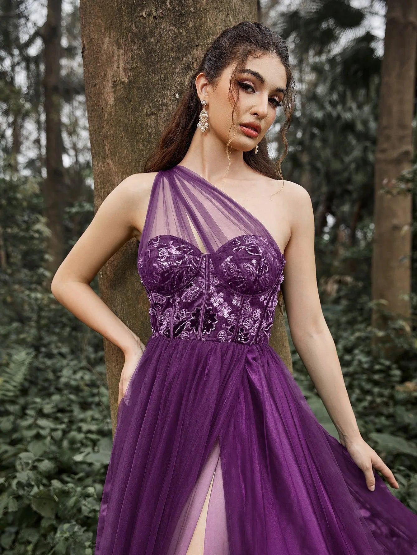 Luxury One Shoulder Tulle Overlay Floral Sequin Bodice Split Prom Dress - Elonnashop