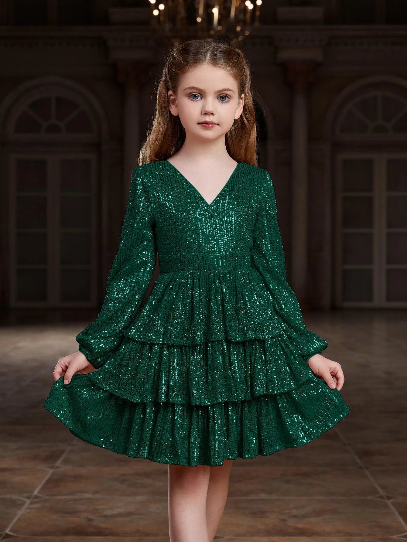 Tween Girls' Backless V Neck Layered Hem Sequin Party Dress - Elonnashop