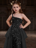 Tween Girls' One Shoulder Sleeveless Contrast Mesh Sequin Dress