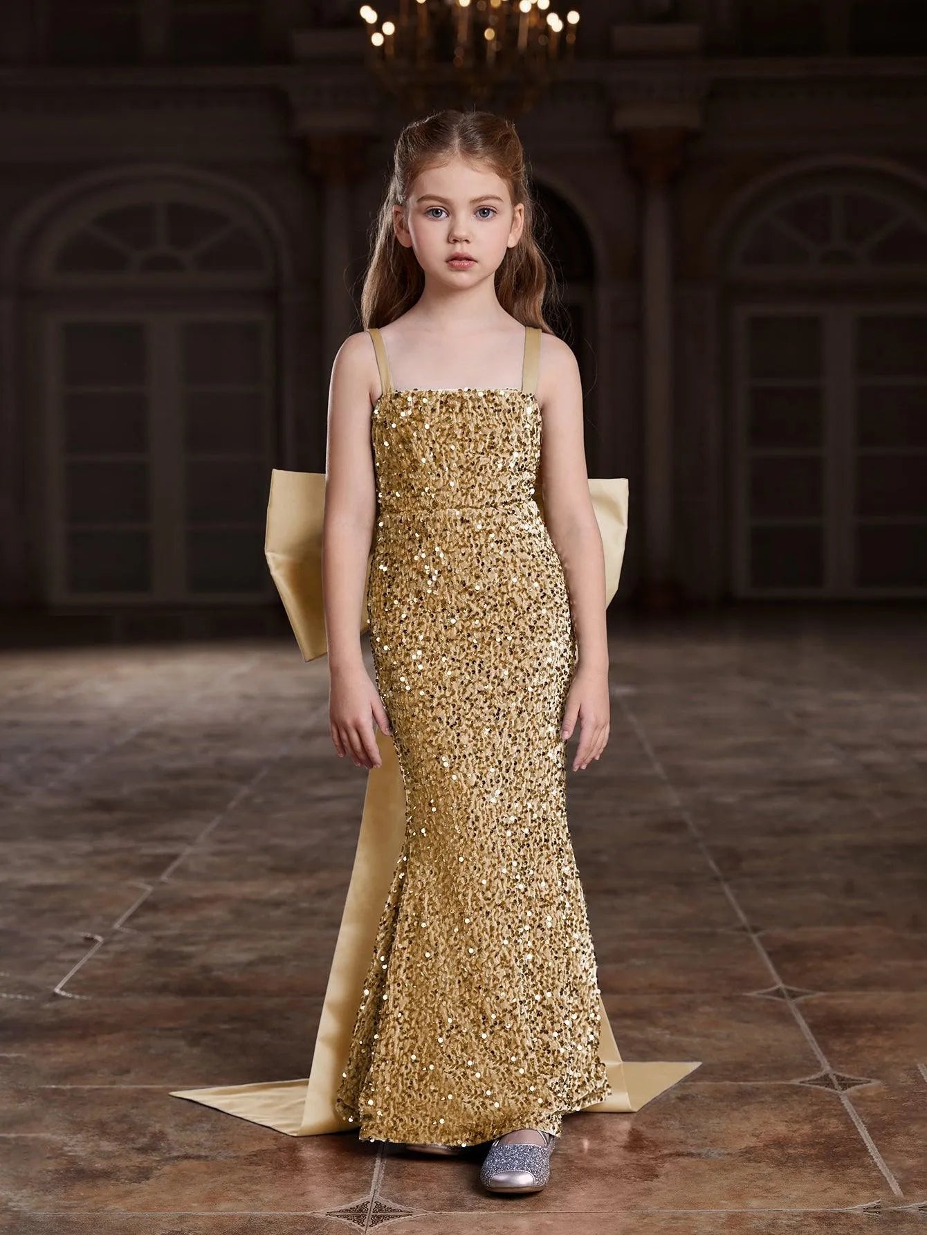 Tween Girls' Square Collar Sequin Mermaid Dress With Big Bow - Elonnashop