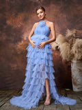 Maternity Halter Neck Mesh Ruffle Layered Hem Split Evening Dress