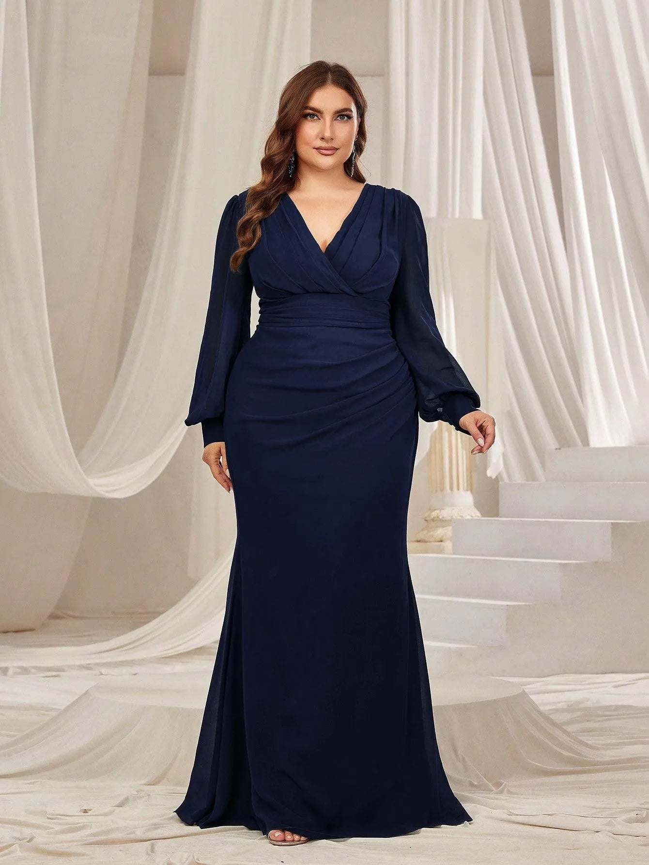 Plus Surplice Neck Lantern Sleeves Chiffon Formal Mermaid Dress - Elonnashop