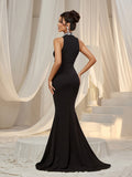 Stylish Rhinestone Detail Mock Neck Mermaid Hem Evening Dress