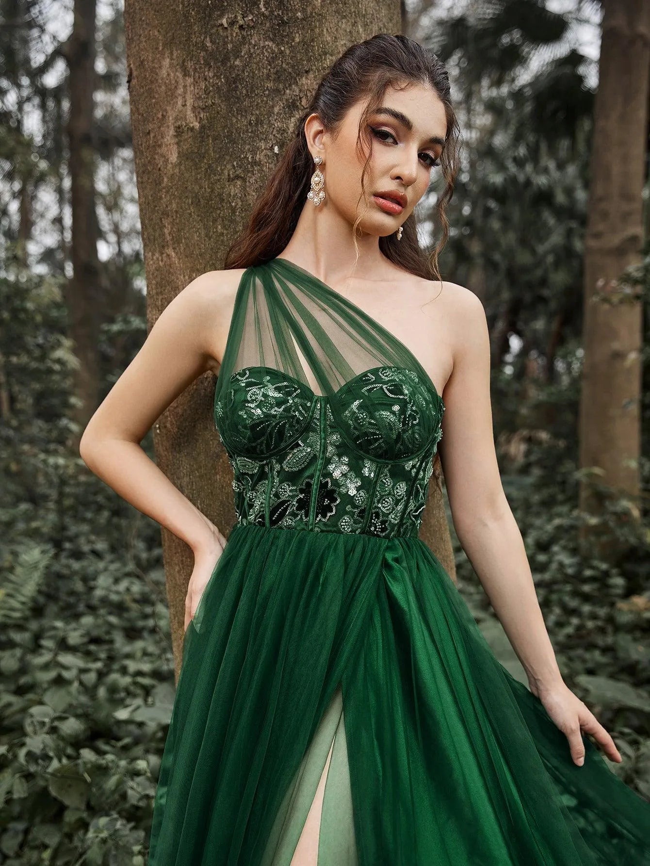 Luxury One Shoulder Tulle Overlay Floral Sequin Bodice Split Prom Dress - Elonnashop