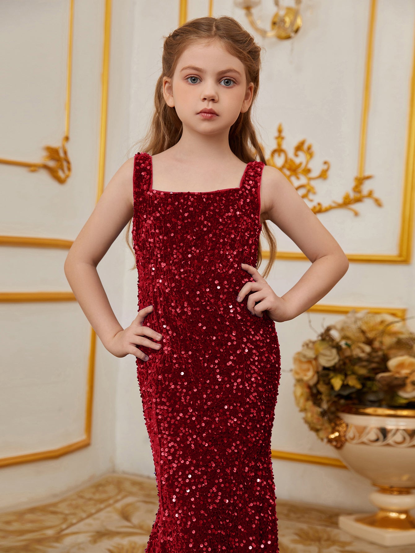 Tween Girls' Square Neck Sleeveless Mermaid Hem Sequin Party Dress