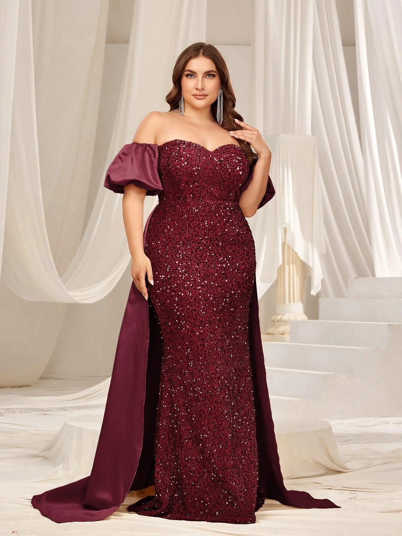 Plus Off Shoulder Puff Sleeves Satin Sequin Mermaid Dress - Elonnashop