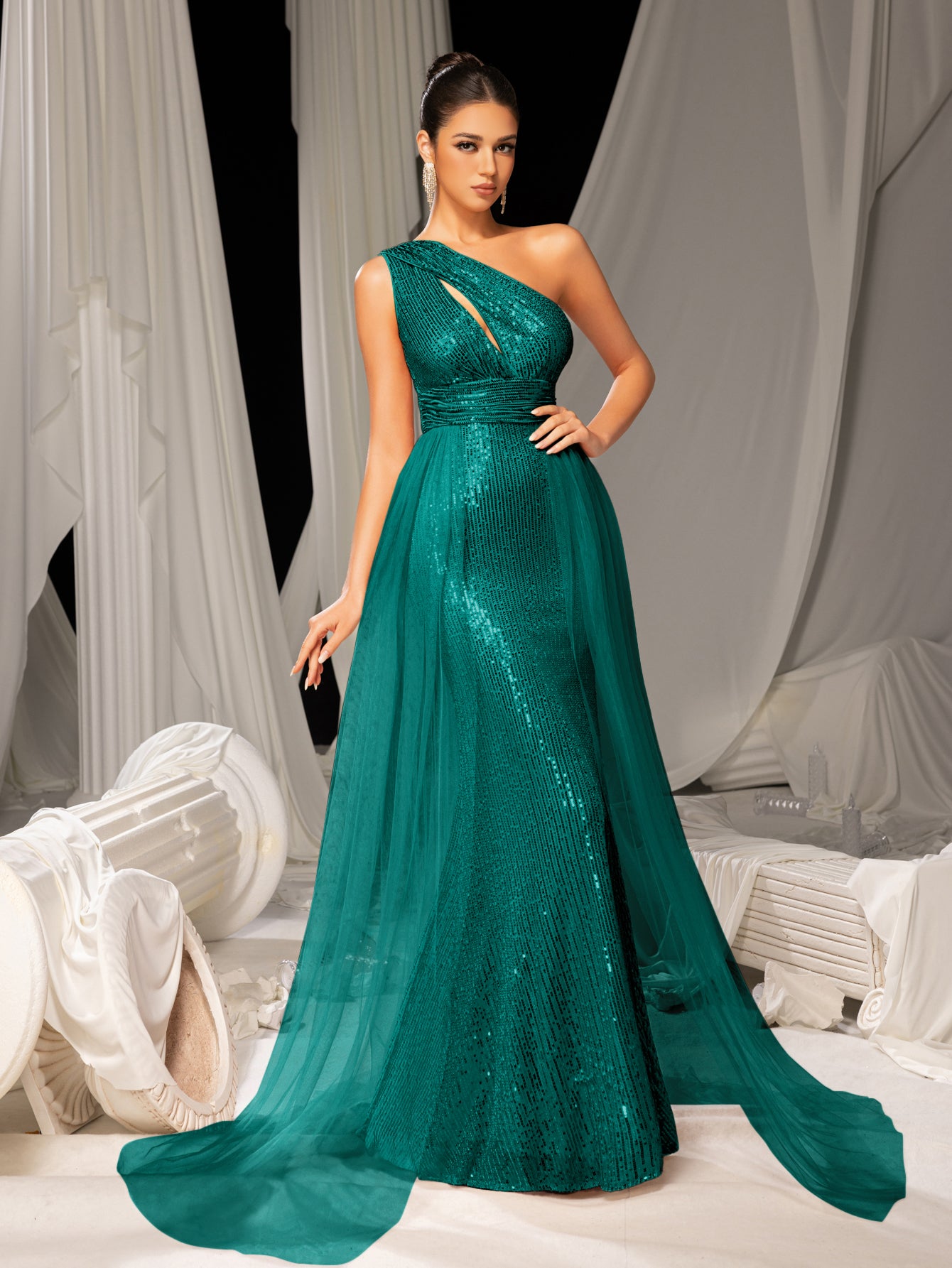 Elegant One Shoulder Sleeveless Mesh Overlay Sequin Formal Prom Dress