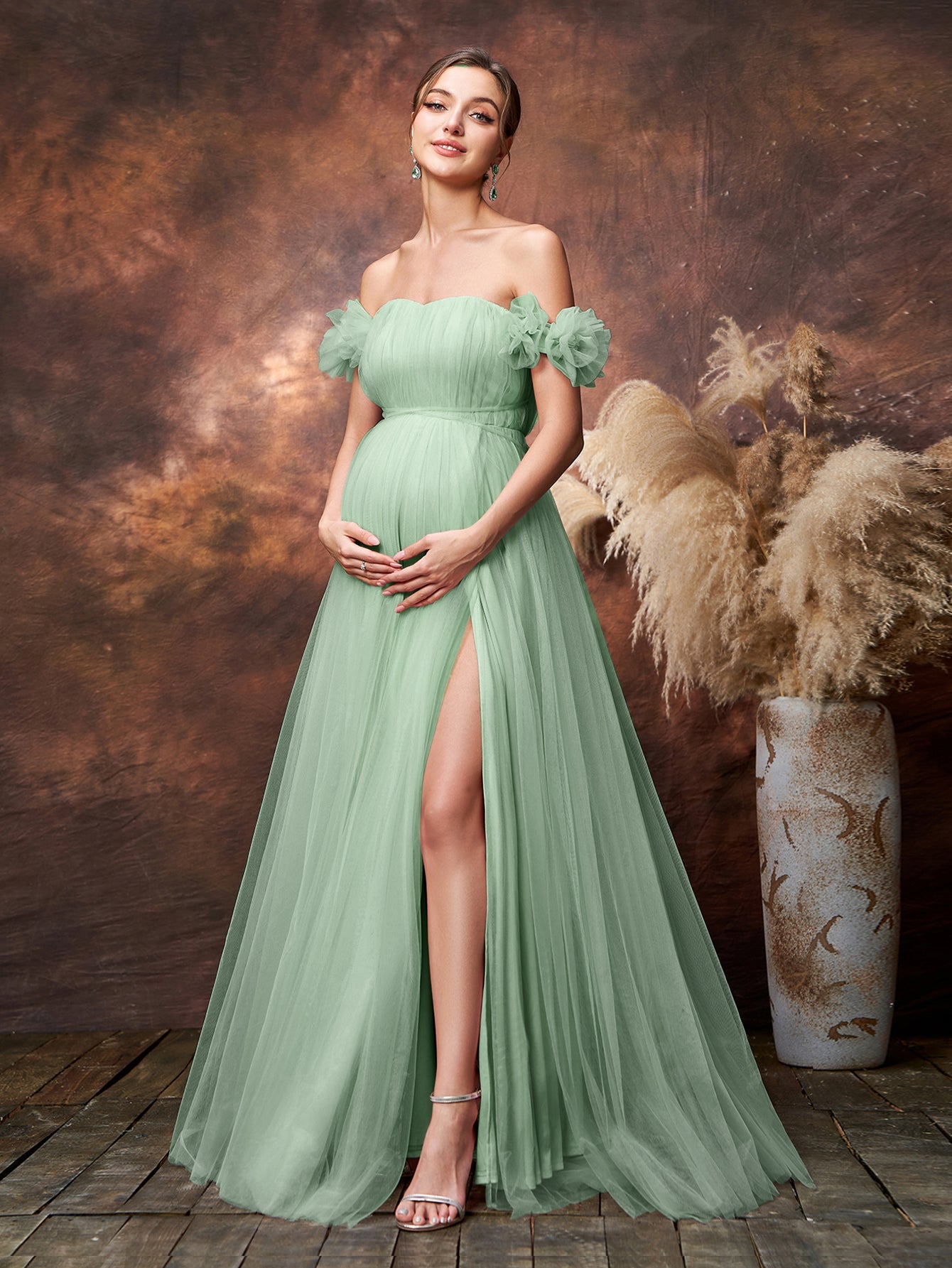 Maternity Off Shoulder Ruched Bust Split Tulle Evening Dress