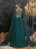 Elegant Chiffon Evening Gown with Embroidered Beaded Bodice, Voluminous Bell Sleeves, Sheer Mesh Neckline & Flowy Floor-Length Skirt