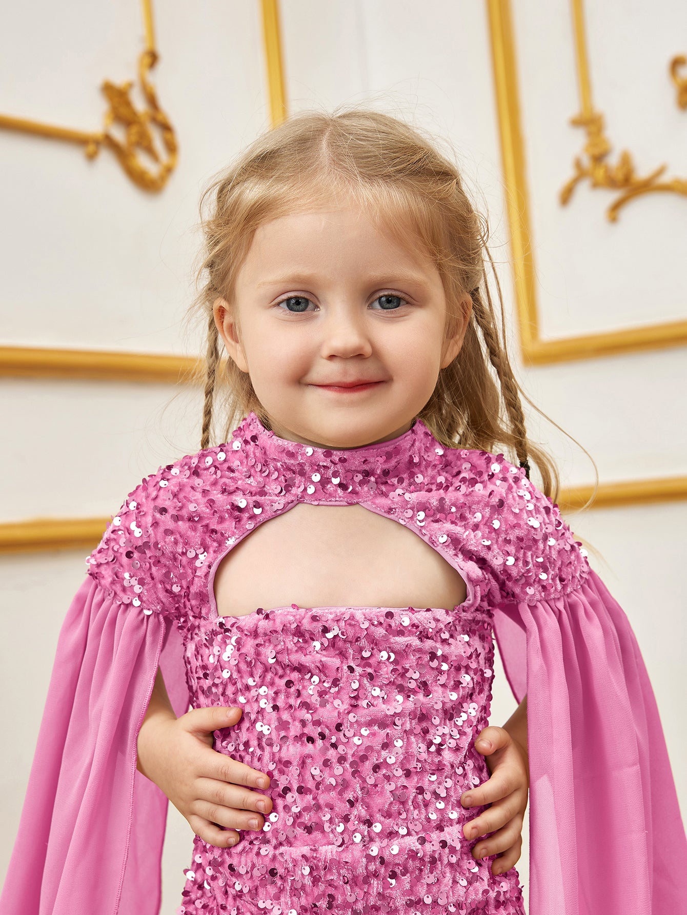 Young Girls' Mock Neck Cape Sleeves Sequin Party Dress