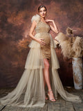 Maternity One Shoulder Tulle Overlay Sequin Party Dress