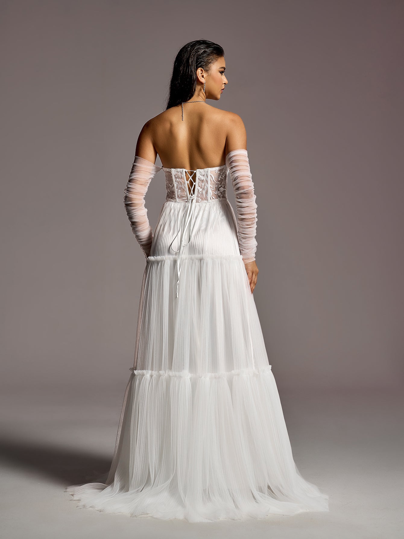 Elegant Lace Corset Bodice Sheer Sleeves A-line Tulle Wedding Dress