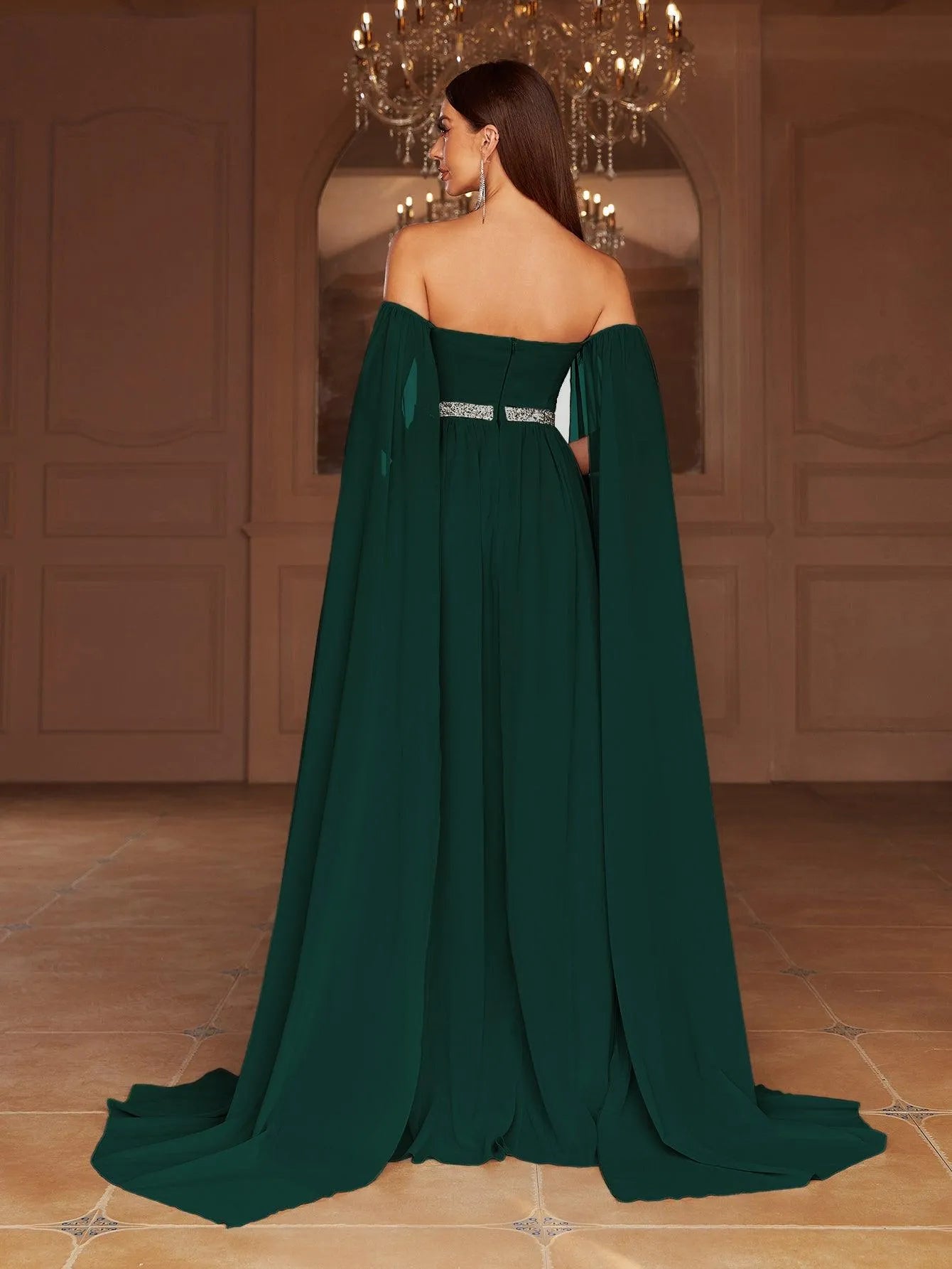 Elegant Off Shoulder Extra-Long Sleeves Chiffon Prom Dress - Elonnashop