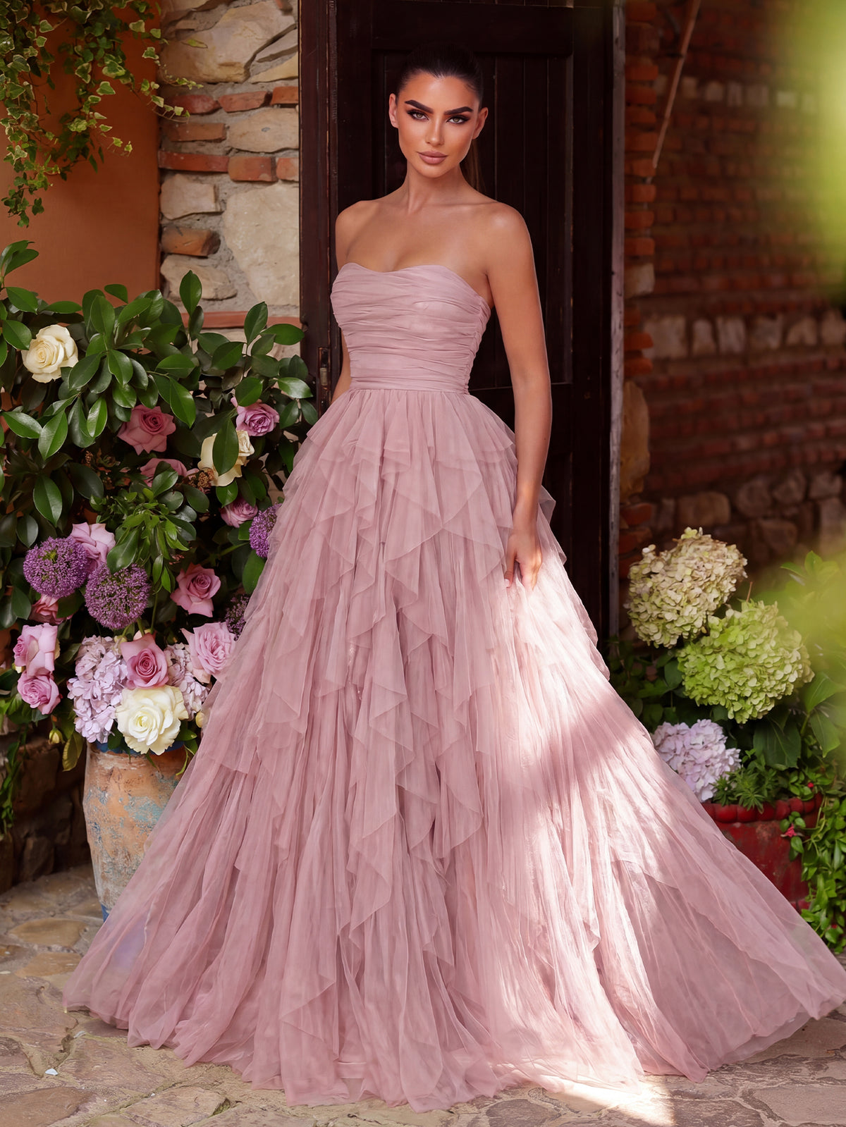 Elegant Strapless Mesh Overlay Formal Party Dress