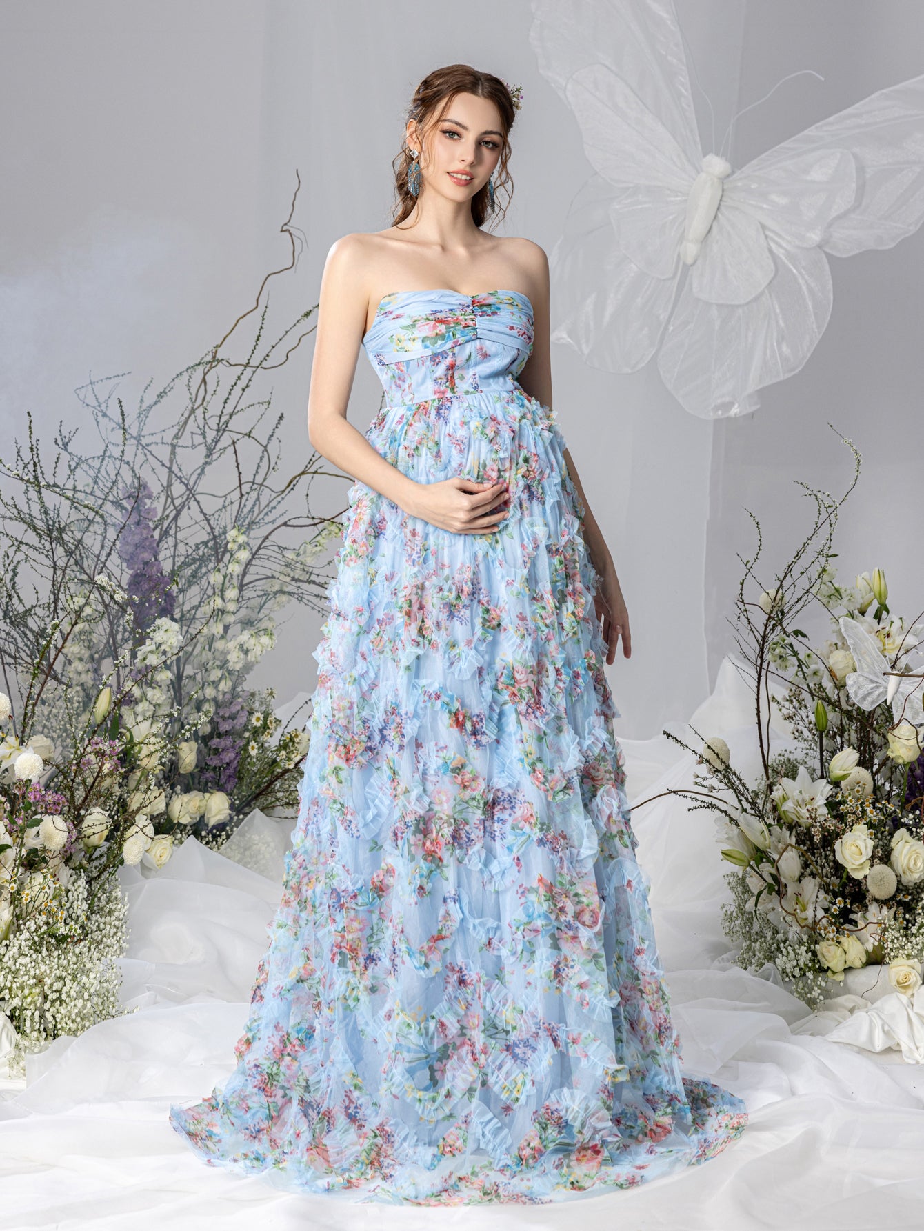 Maternity Strapless Ruffle Trim Floral Mesh Party Dress