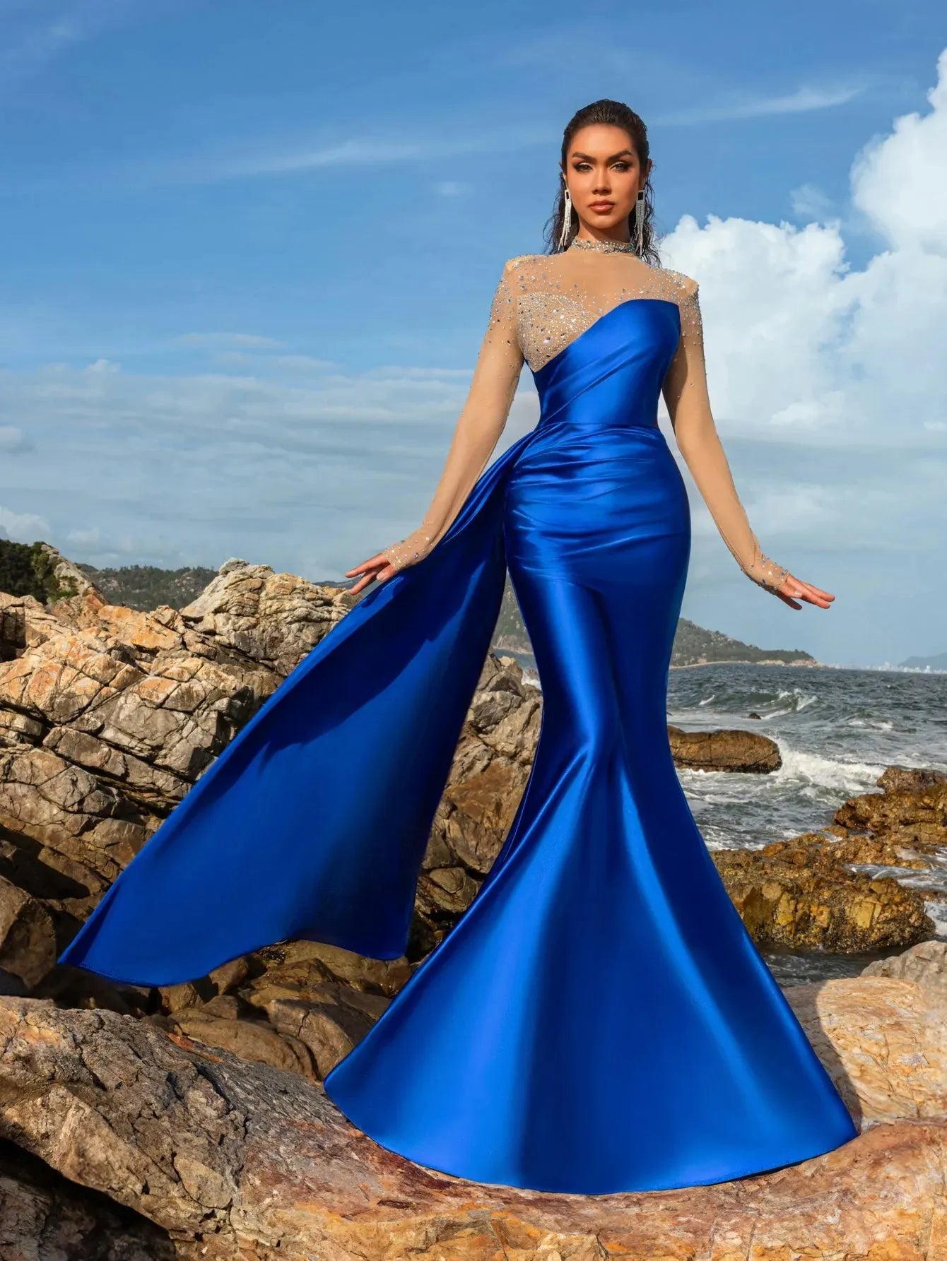 Rhinestone Detail Mock Neck Satin Mermaid Prom Dress