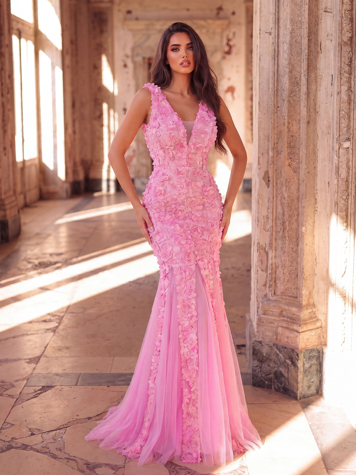 3D Floral Appliqué Tulle Maxi Dress | Halter Neck Mermaid Silhouette with Open Back & High Leg Slit | Evening Gown for Weddings, Parties, Prom
