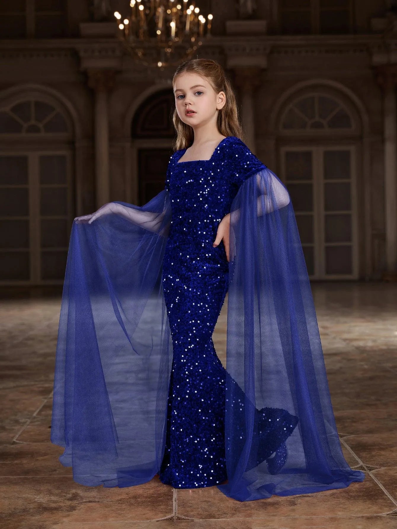 Tween Girls' Square Collar Cloak Sleeves Sequin Mermaid Dress - Elonnashop