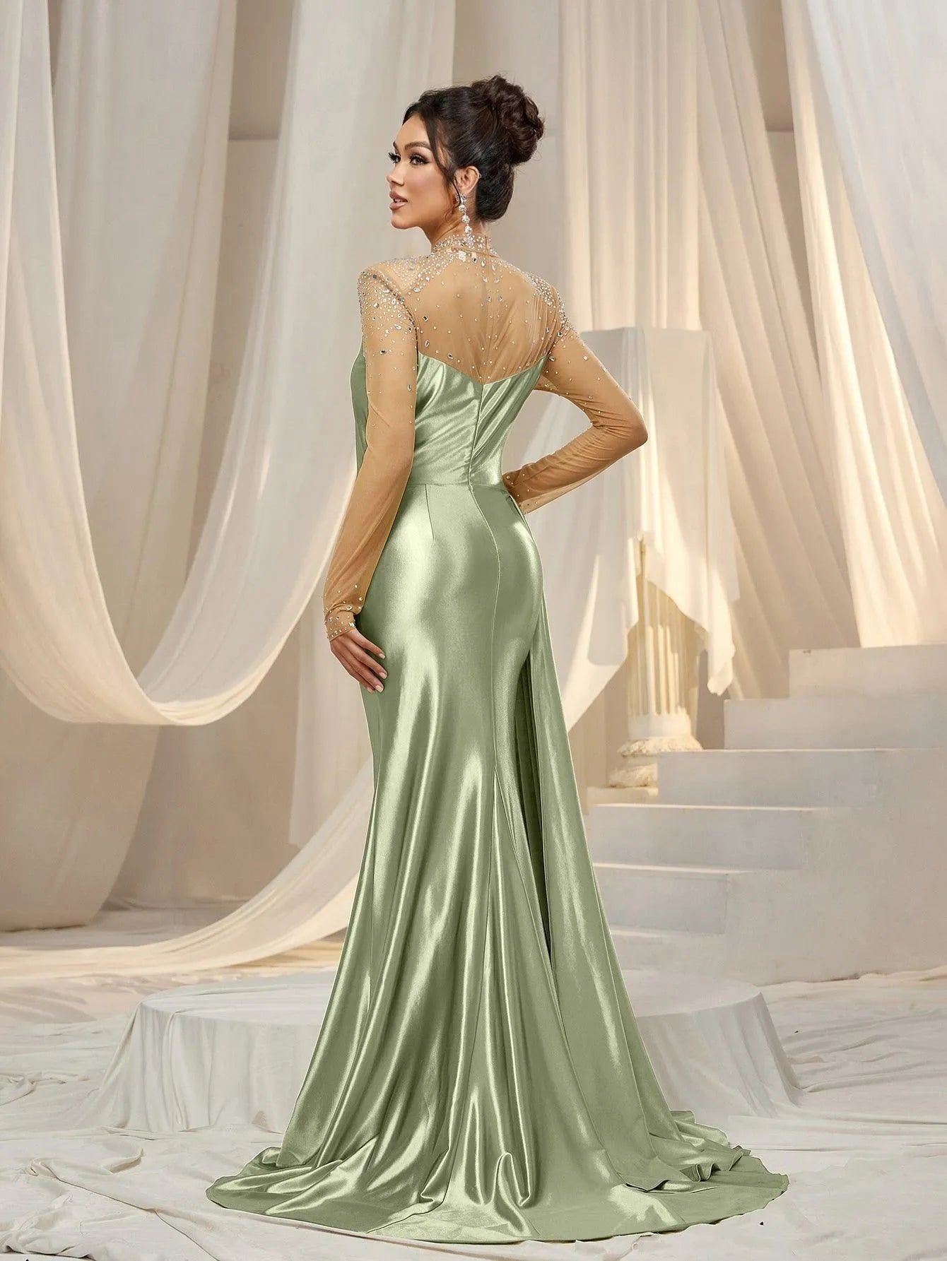 Rhinestone Detail Mock Neck Satin Mermaid Prom Dress - Elonnashop