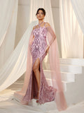 Elegant Crisscross Halter Neck Cloak Sleeves Mermaid Hem Sequin Formal Dress