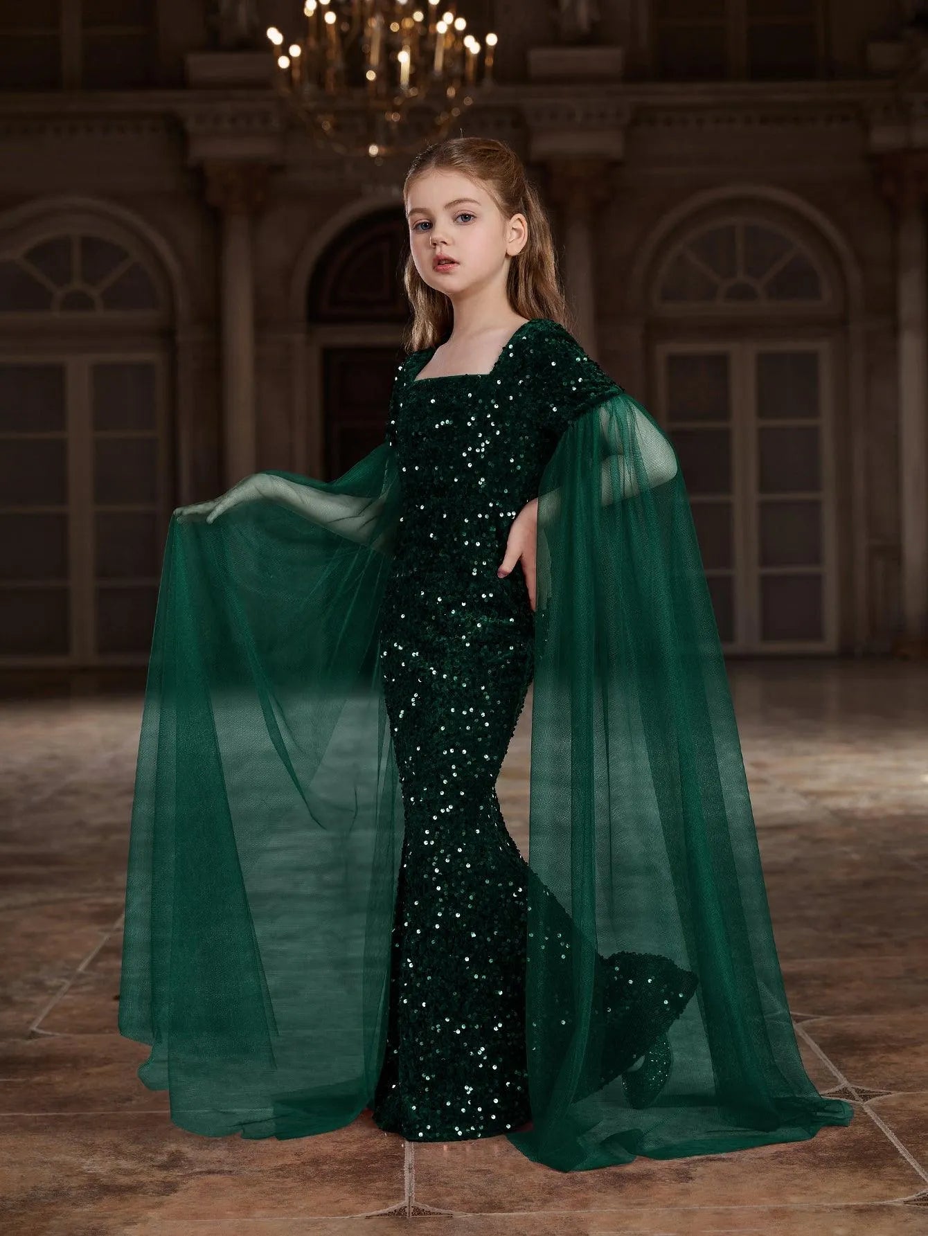 Tween Girls' Square Collar Cloak Sleeves Sequin Mermaid Dress - Elonnashop