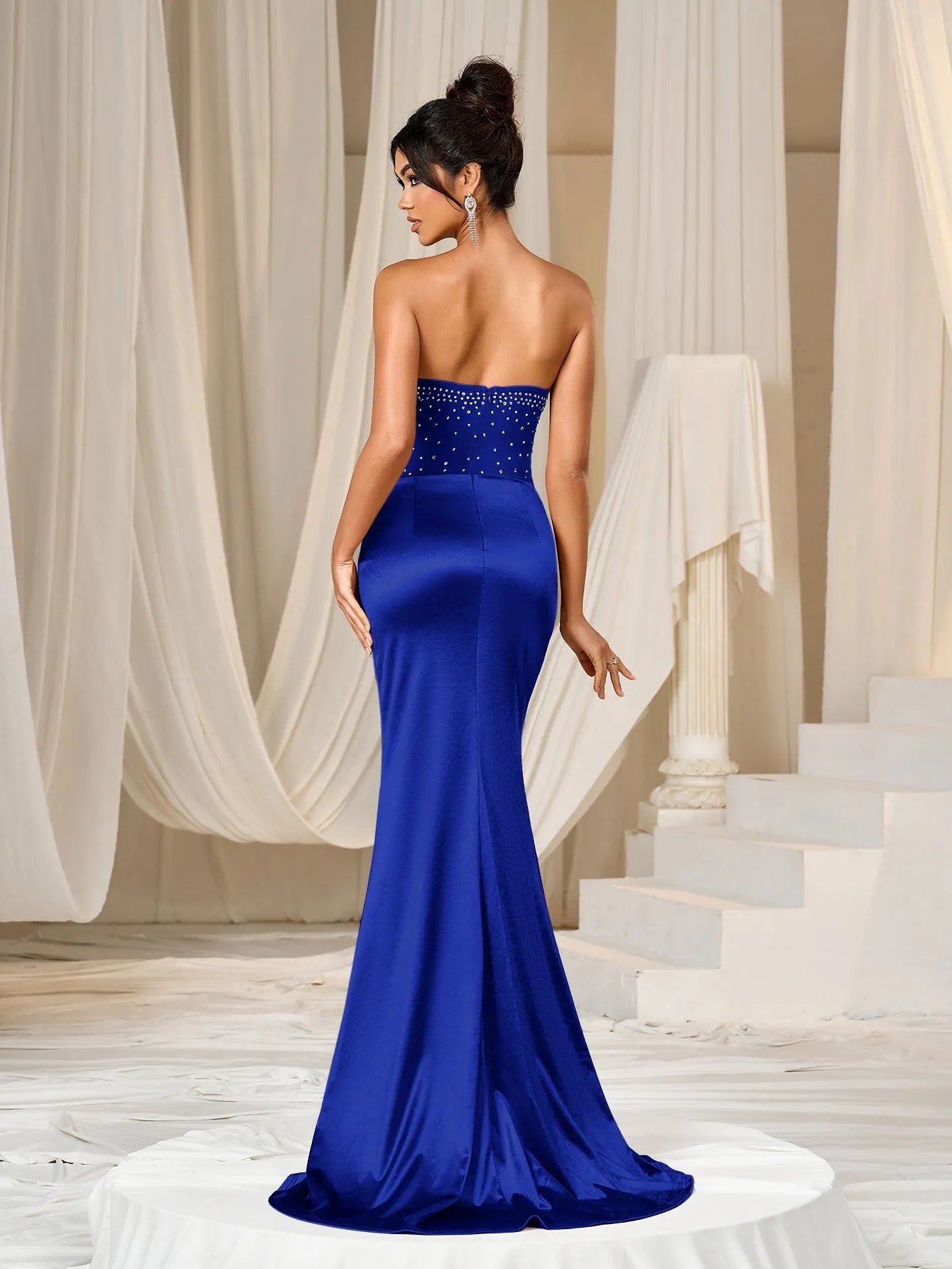 Elegant Strapless Rhinestone Detail Sheer Bodice Split Satin Formal Party Dress